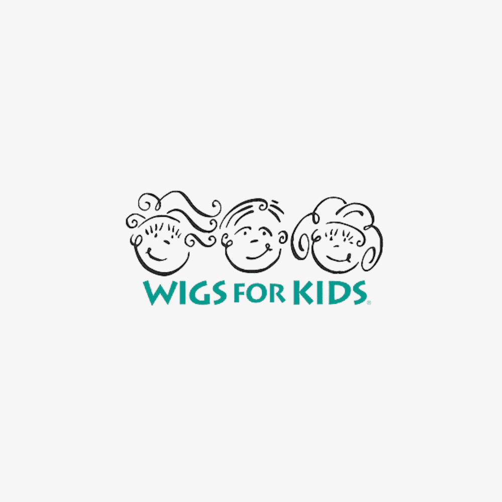 Wigs for Kids logo featuring illustrations of three smiling children with different hairstyles.