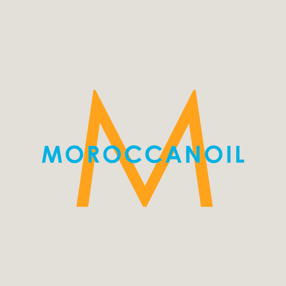 Moroccanoil logo featuring a large orange "M" and blue text on a light background.