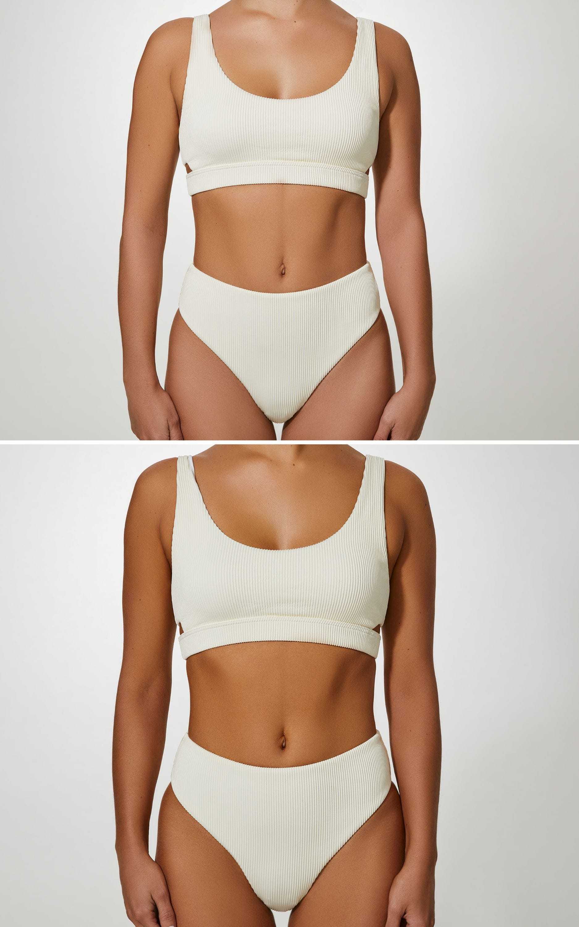 Woman modeling a cream ribbed bikini, front view.